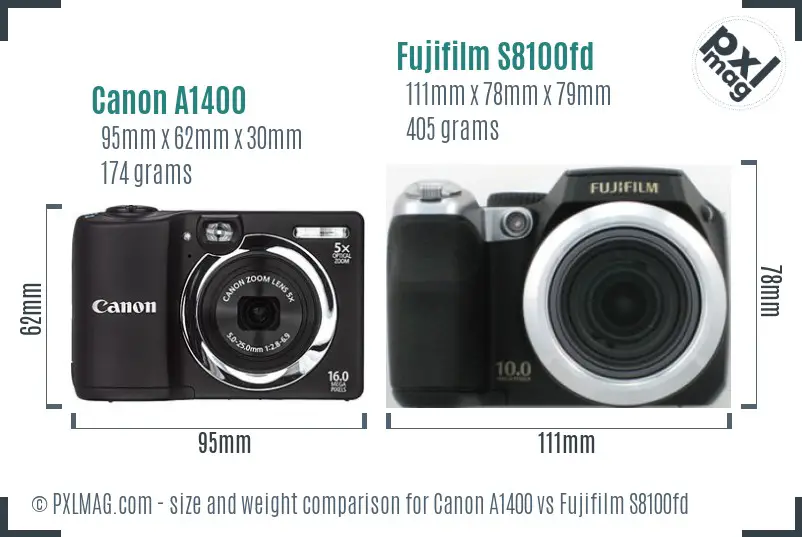 Canon A1400 vs Fujifilm S8100fd size comparison