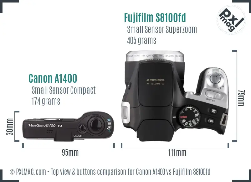 Canon A1400 vs Fujifilm S8100fd top view buttons comparison