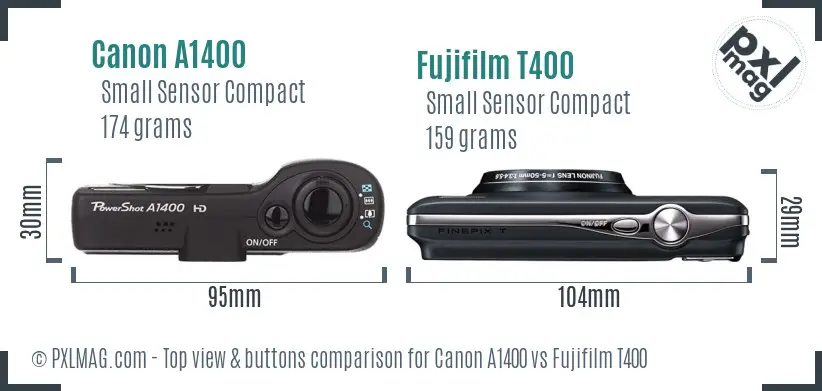 Canon A1400 vs Fujifilm T400 top view buttons comparison Canon A1400 vs Fujifilm T400 top view buttons comparison