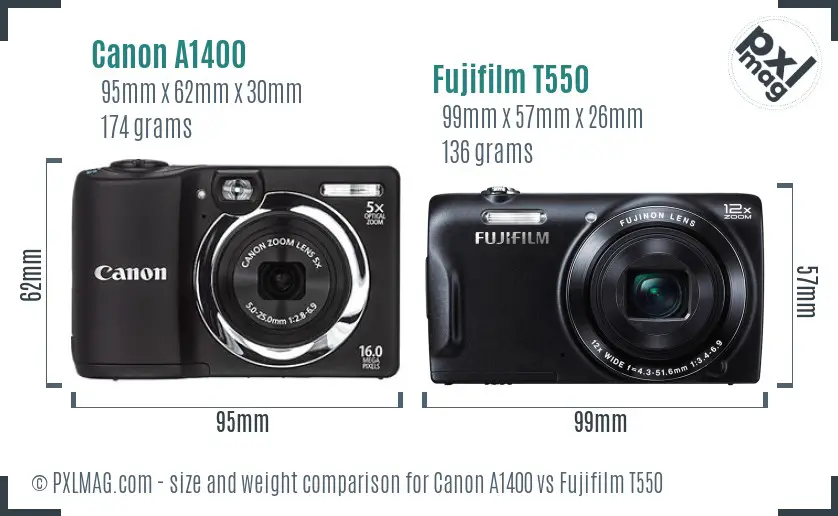 Canon A1400 vs Fujifilm T550 size comparison
