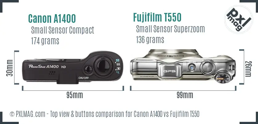 Canon A1400 vs Fujifilm T550 top view buttons comparison