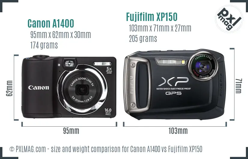 Canon A1400 vs Fujifilm XP150 size comparison