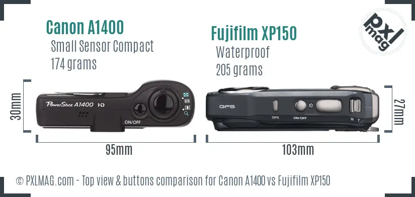 Canon A1400 vs Fujifilm XP150 top view buttons comparison