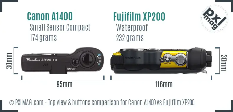 Canon A1400 vs Fujifilm XP200 top view buttons comparison Canon A1400 vs Fujifilm XP200 top view buttons comparison