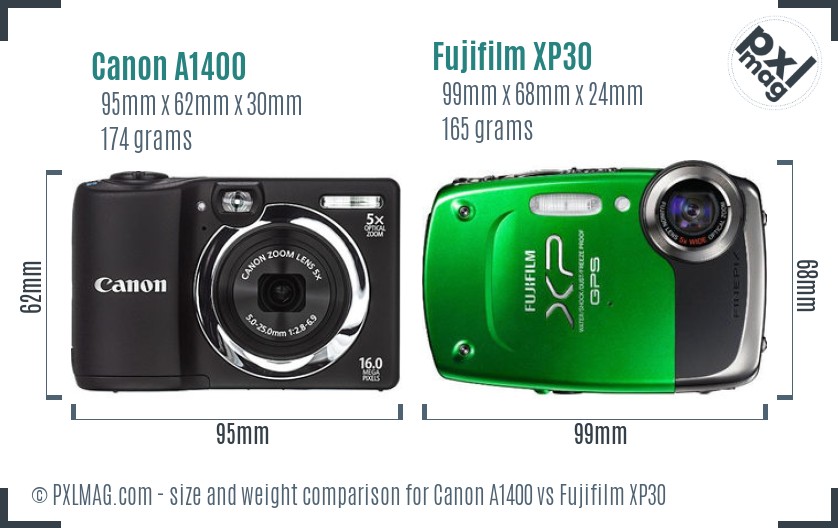 Canon A1400 vs Fujifilm XP30 size comparison