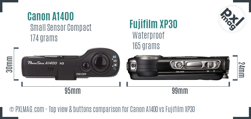 Canon A1400 vs Fujifilm XP30 top view buttons comparison