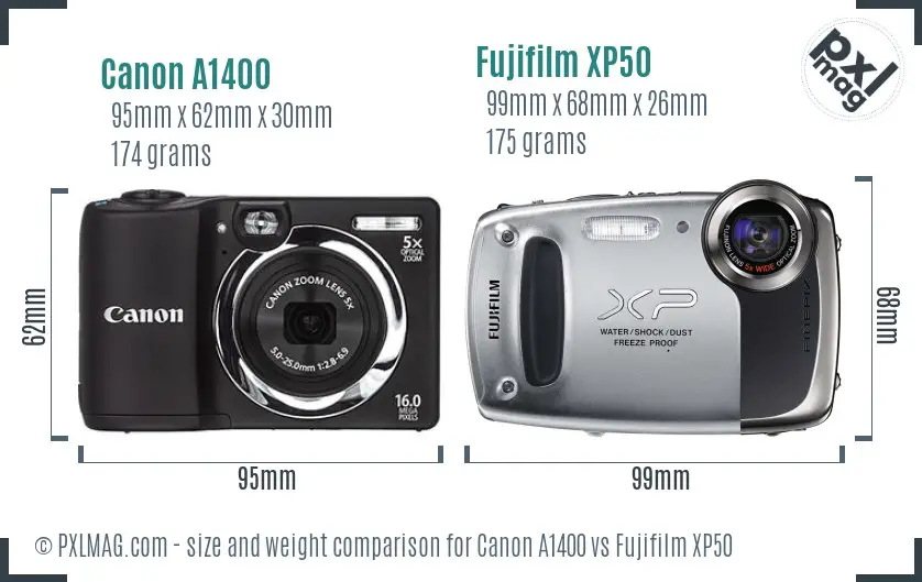 Canon A1400 vs Fujifilm XP50 size comparison