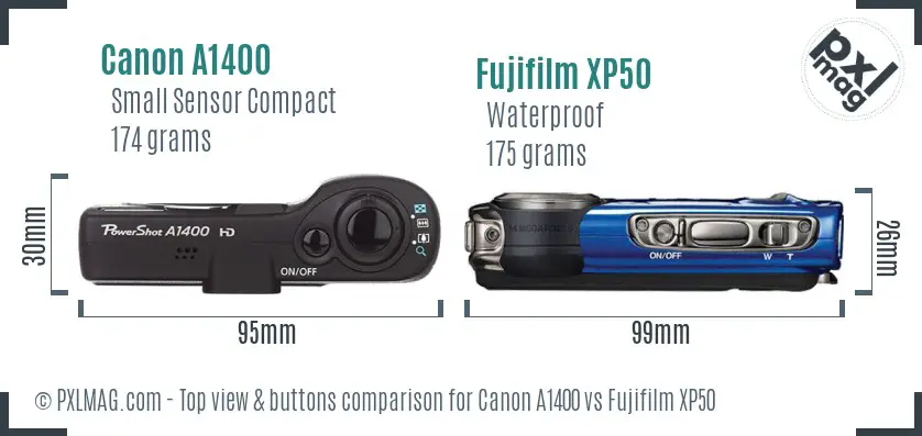 Canon A1400 vs Fujifilm XP50 top view buttons comparison