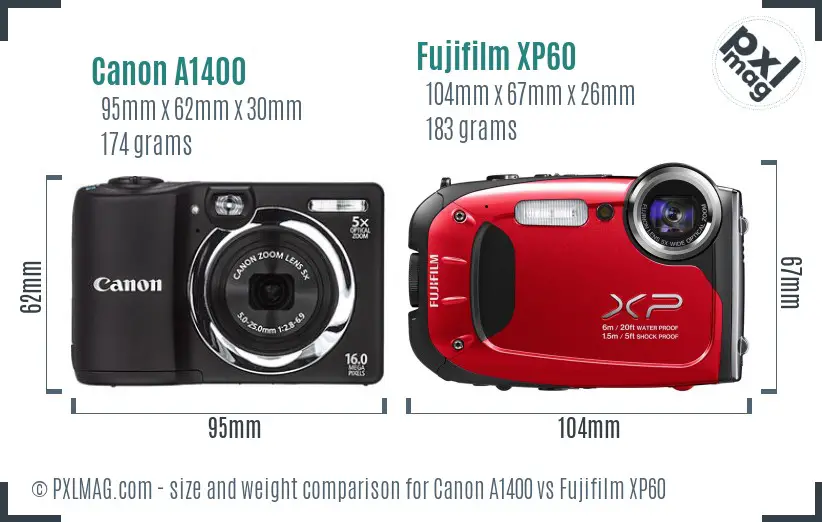 Canon A1400 vs Fujifilm XP60 size comparison