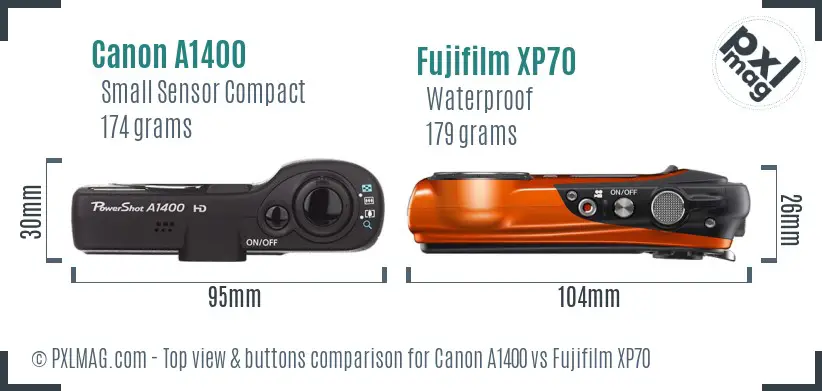 Canon A1400 vs Fujifilm XP70 top view buttons comparison