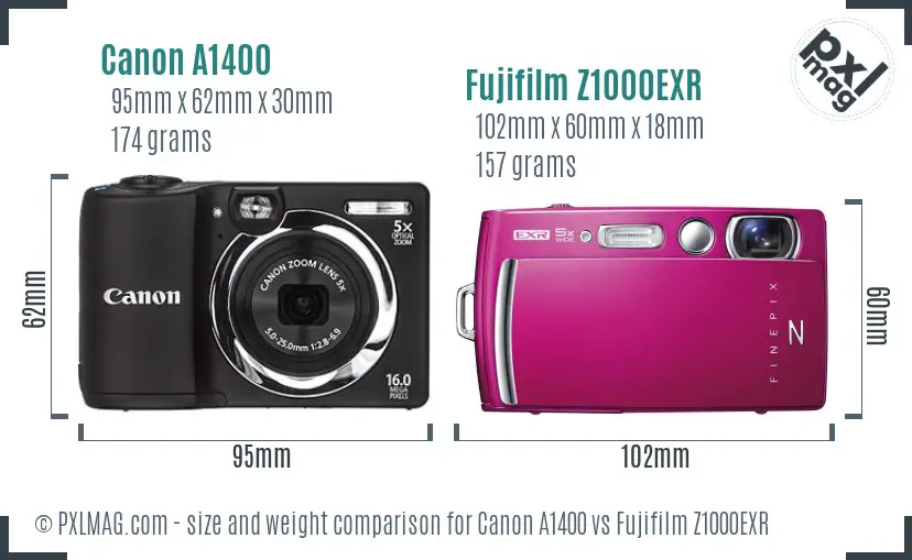 Canon A1400 vs Fujifilm Z1000EXR size comparison