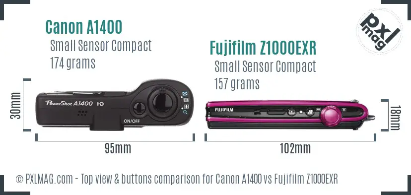Canon A1400 vs Fujifilm Z1000EXR top view buttons comparison