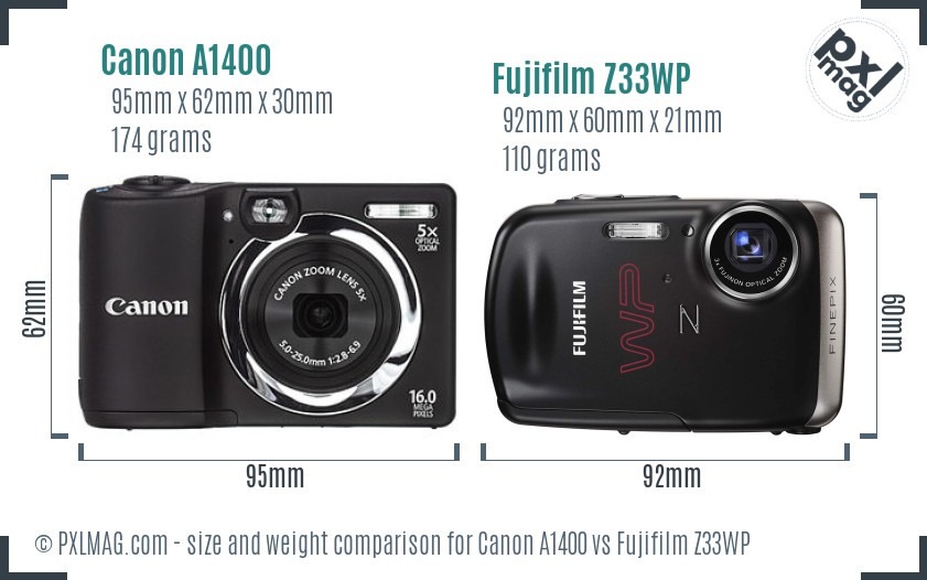 Canon A1400 vs Fujifilm Z33WP size comparison