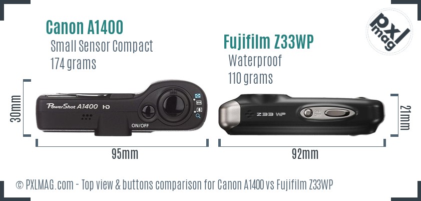 Canon A1400 vs Fujifilm Z33WP top view buttons comparison