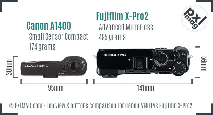 Canon A1400 vs Fujifilm X-Pro2 top view buttons comparison