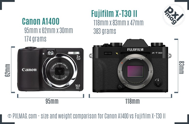 Canon A1400 vs Fujifilm X-T30 II size comparison