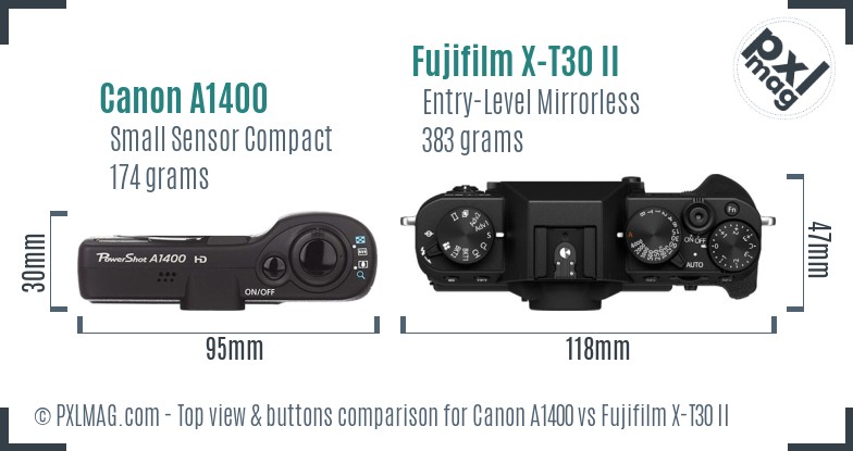 Canon A1400 vs Fujifilm X-T30 II top view buttons comparison