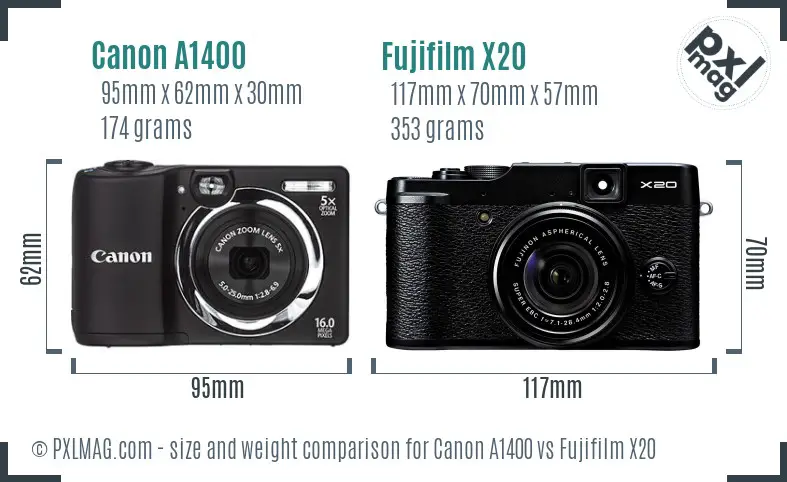 Canon A1400 vs Fujifilm X20 size comparison