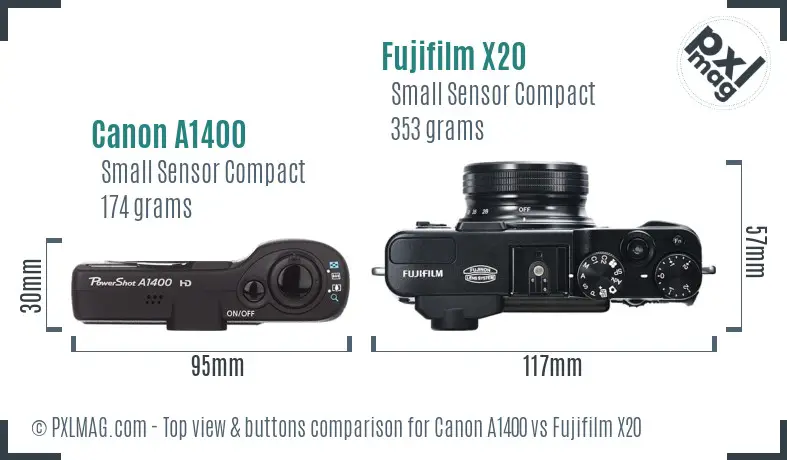 Canon A1400 vs Fujifilm X20 top view buttons comparison