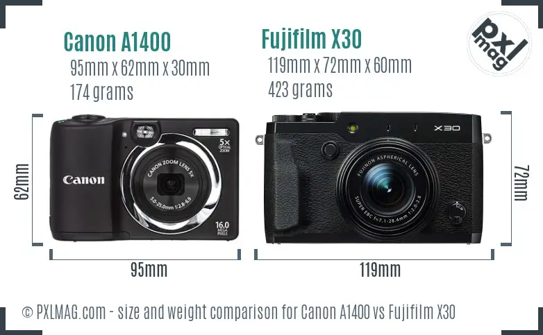 Canon A1400 vs Fujifilm X30 size comparison