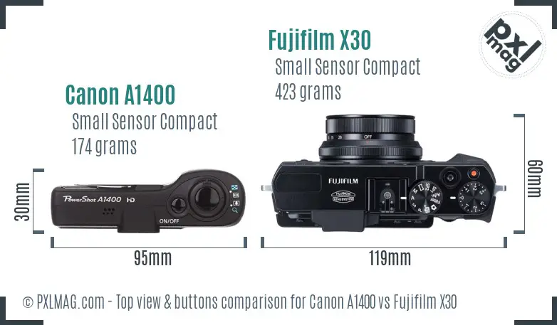 Canon A1400 vs Fujifilm X30 top view buttons comparison