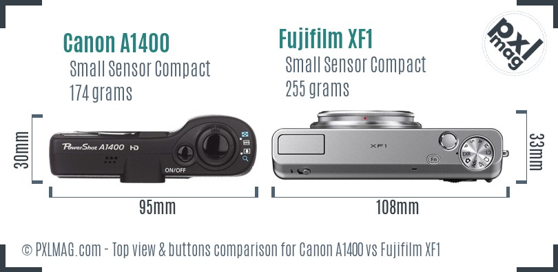 Canon A1400 vs Fujifilm XF1 top view buttons comparison