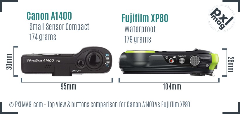 Canon A1400 vs Fujifilm XP80 top view buttons comparison