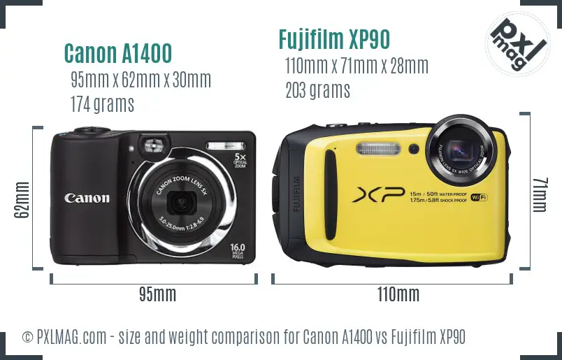 Canon A1400 vs Fujifilm XP90 size comparison