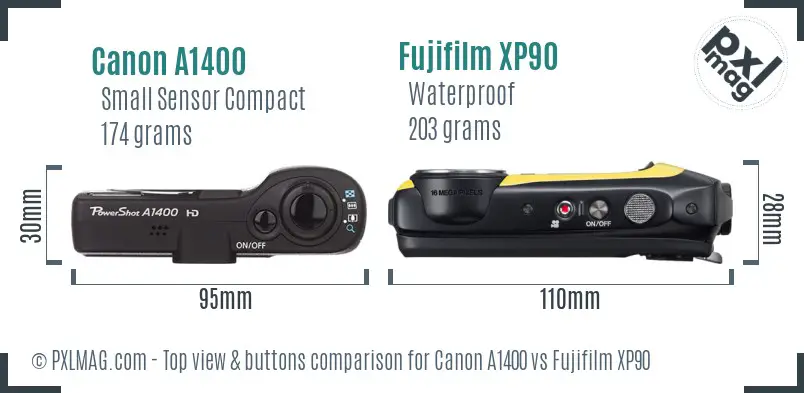 Canon A1400 vs Fujifilm XP90 top view buttons comparison