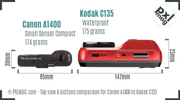 Canon A1400 vs Kodak C135 top view buttons comparison Canon A1400 vs Kodak C135 top view buttons comparison
