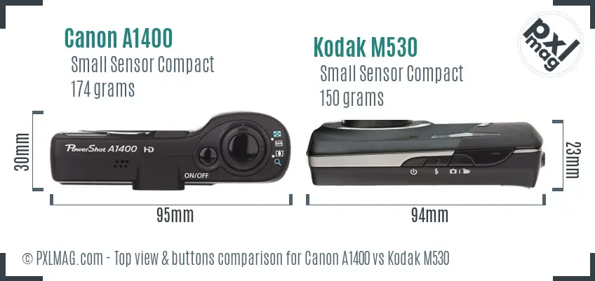 Canon A1400 vs Kodak M530 top view buttons comparison Canon A1400 vs Kodak M530 top view buttons comparison