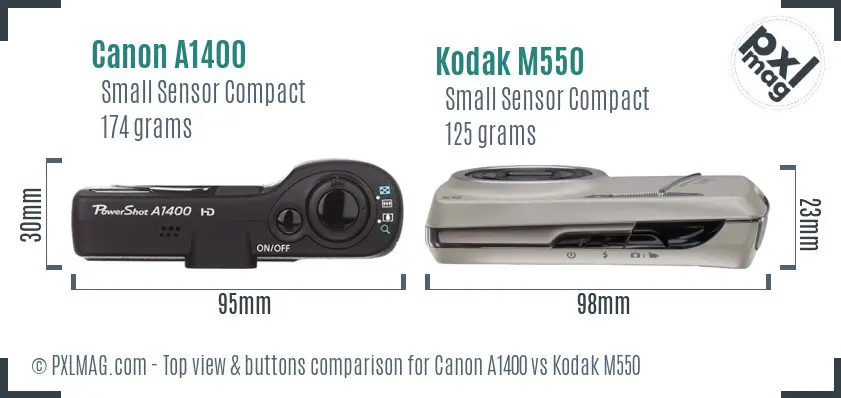 Canon A1400 vs Kodak M550 top view buttons comparison Canon A1400 vs Kodak M550 top view buttons comparison