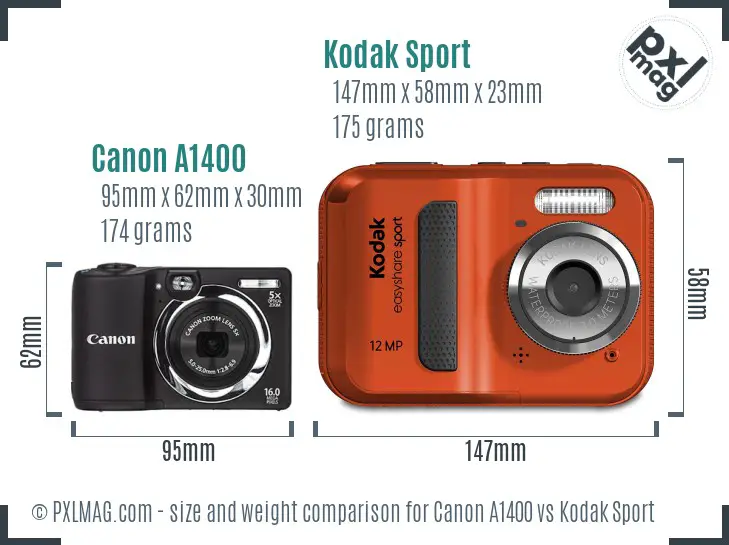 Canon A1400 vs Kodak Sport size comparison Canon A1400 vs Kodak Sport size comparison