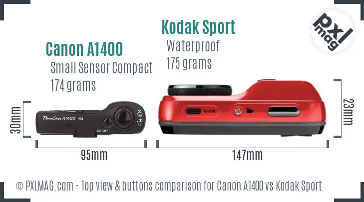 Canon A1400 vs Kodak Sport top view buttons comparison Canon A1400 vs Kodak Sport top view buttons comparison