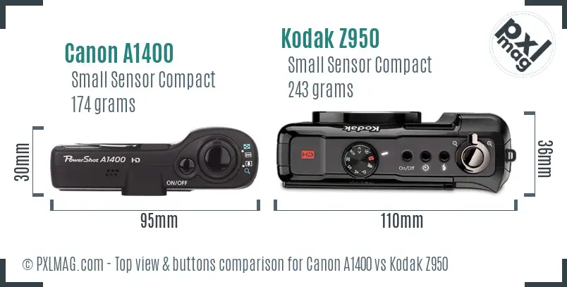 Canon A1400 vs Kodak Z950 top view buttons comparison