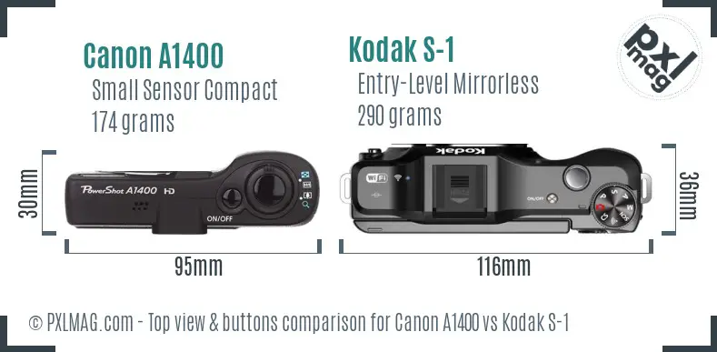 Canon A1400 vs Kodak S-1 top view buttons comparison Canon A1400 vs Kodak S-1 top view buttons comparison