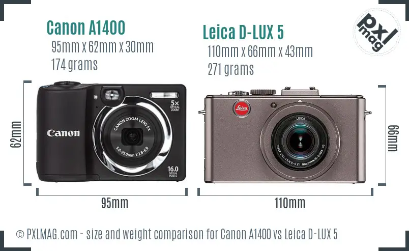 Canon A1400 vs Leica D-LUX 5 size comparison