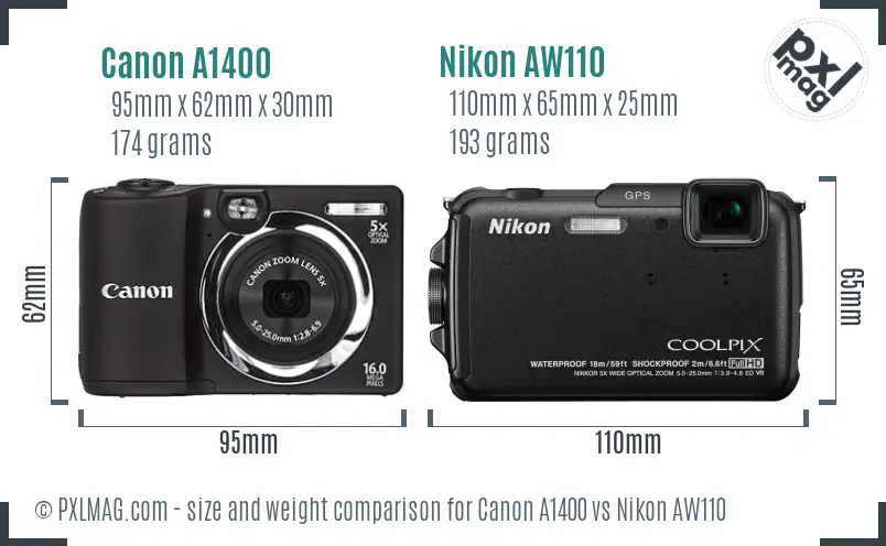 Canon A1400 vs Nikon AW110 size comparison