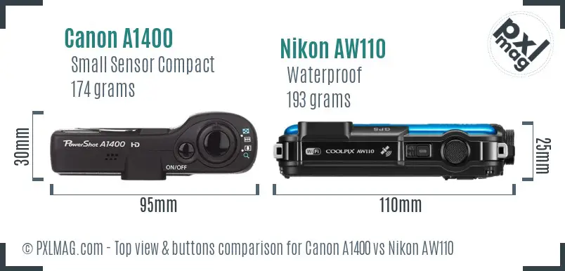 Canon A1400 vs Nikon AW110 top view buttons comparison