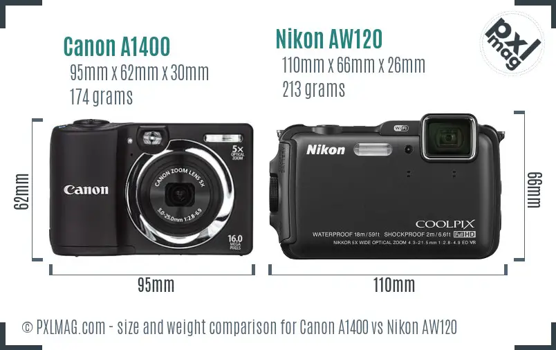 Canon A1400 vs Nikon AW120 size comparison