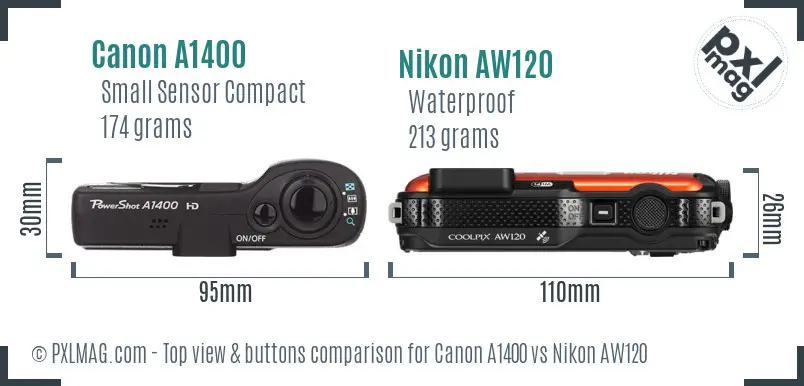 Canon A1400 vs Nikon AW120 top view buttons comparison