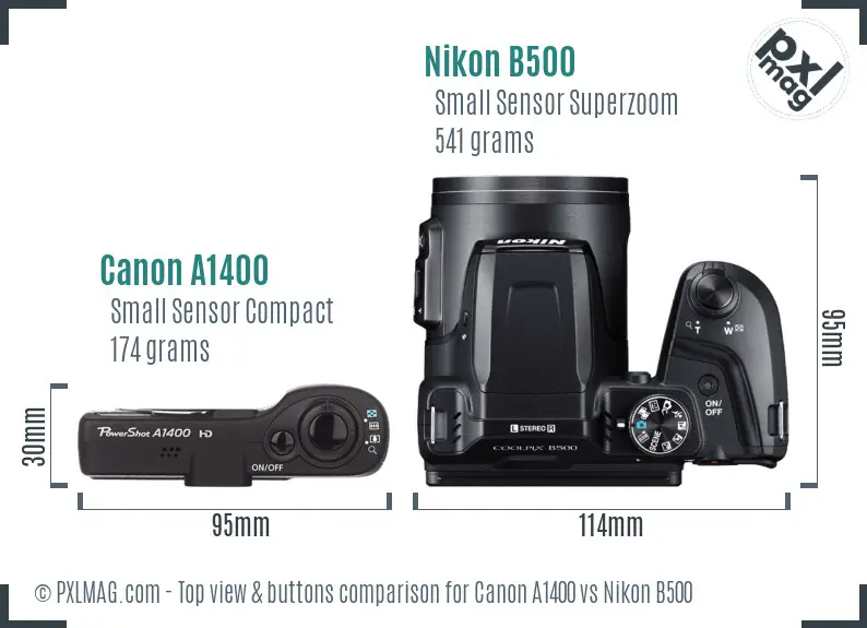 Canon A1400 vs Nikon B500 top view buttons comparison