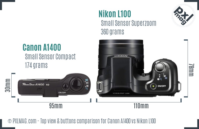 Canon A1400 vs Nikon L100 top view buttons comparison