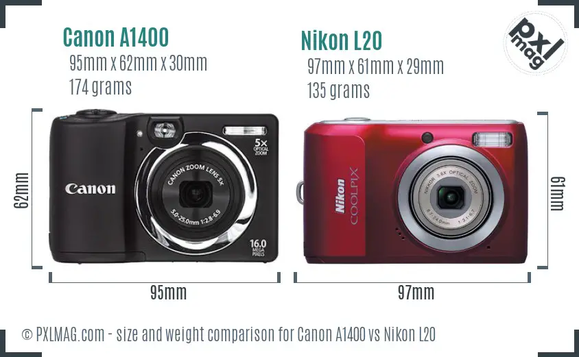 Canon A1400 vs Nikon L20 size comparison