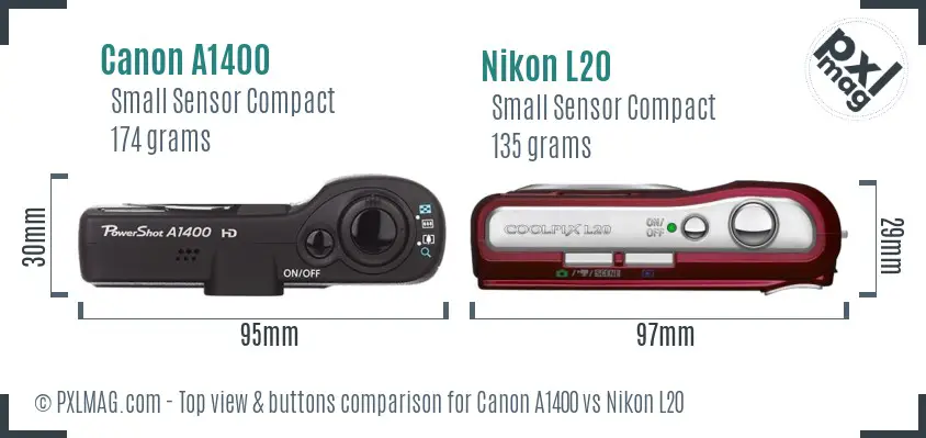 Canon A1400 vs Nikon L20 top view buttons comparison
