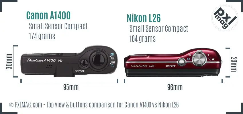 Canon A1400 vs Nikon L26 top view buttons comparison