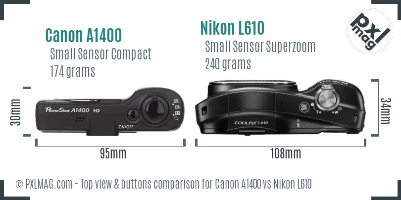 Canon A1400 vs Nikon L610 top view buttons comparison