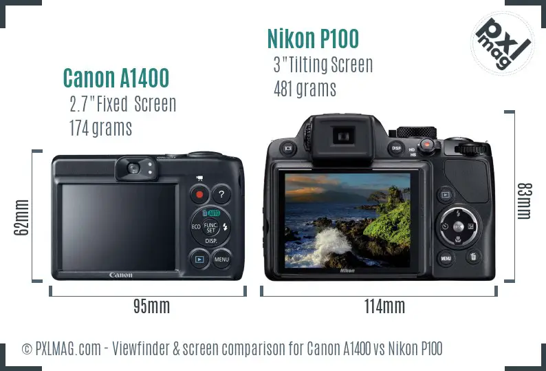 Canon A1400 vs Nikon P100 Screen and Viewfinder comparison