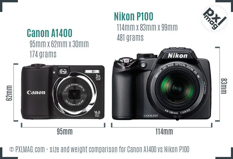 Canon A1400 vs Nikon P100 size comparison