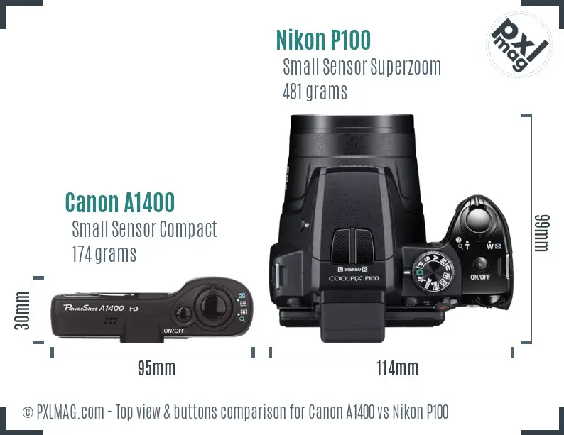 Canon A1400 vs Nikon P100 top view buttons comparison